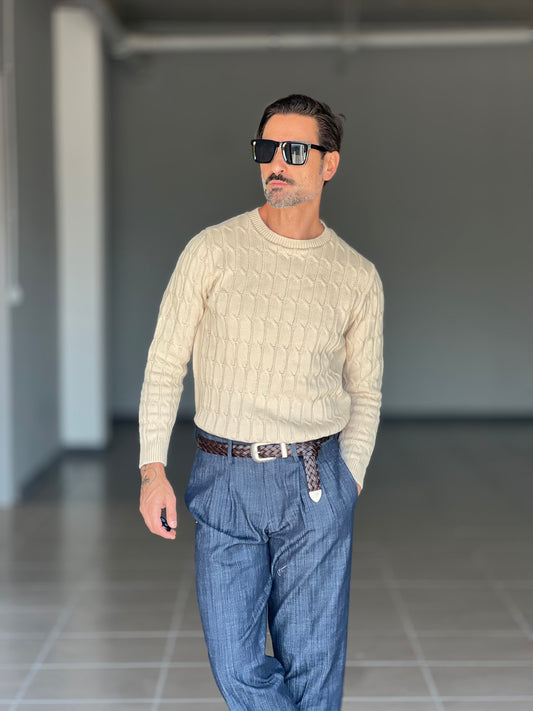 BLUE THREAD COTTON CREW NECK SWEATER