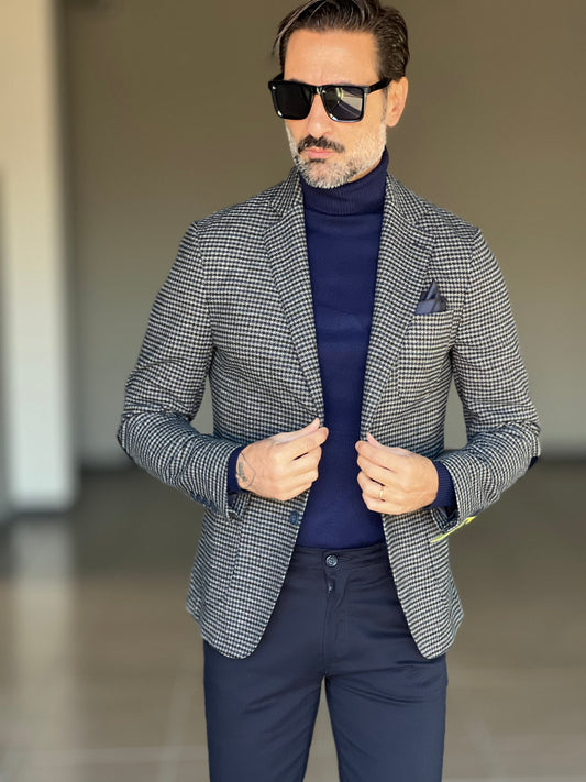 GIACCA PANNO GRIGIA MORO E BLU PIE DE POULE TOPPE AI GOMITI