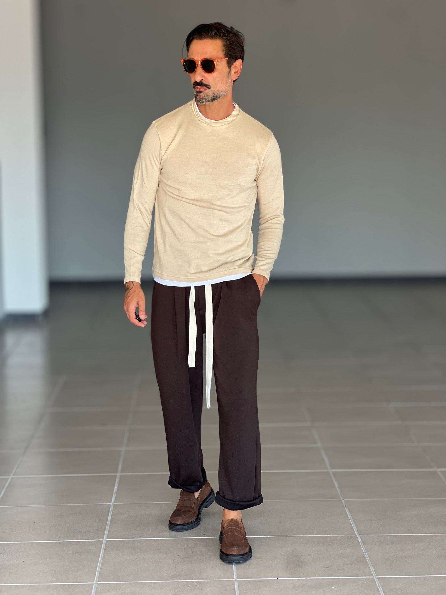 MAGLIA 2 FILI BEIGE INSERTO T SHIRT BIANCA