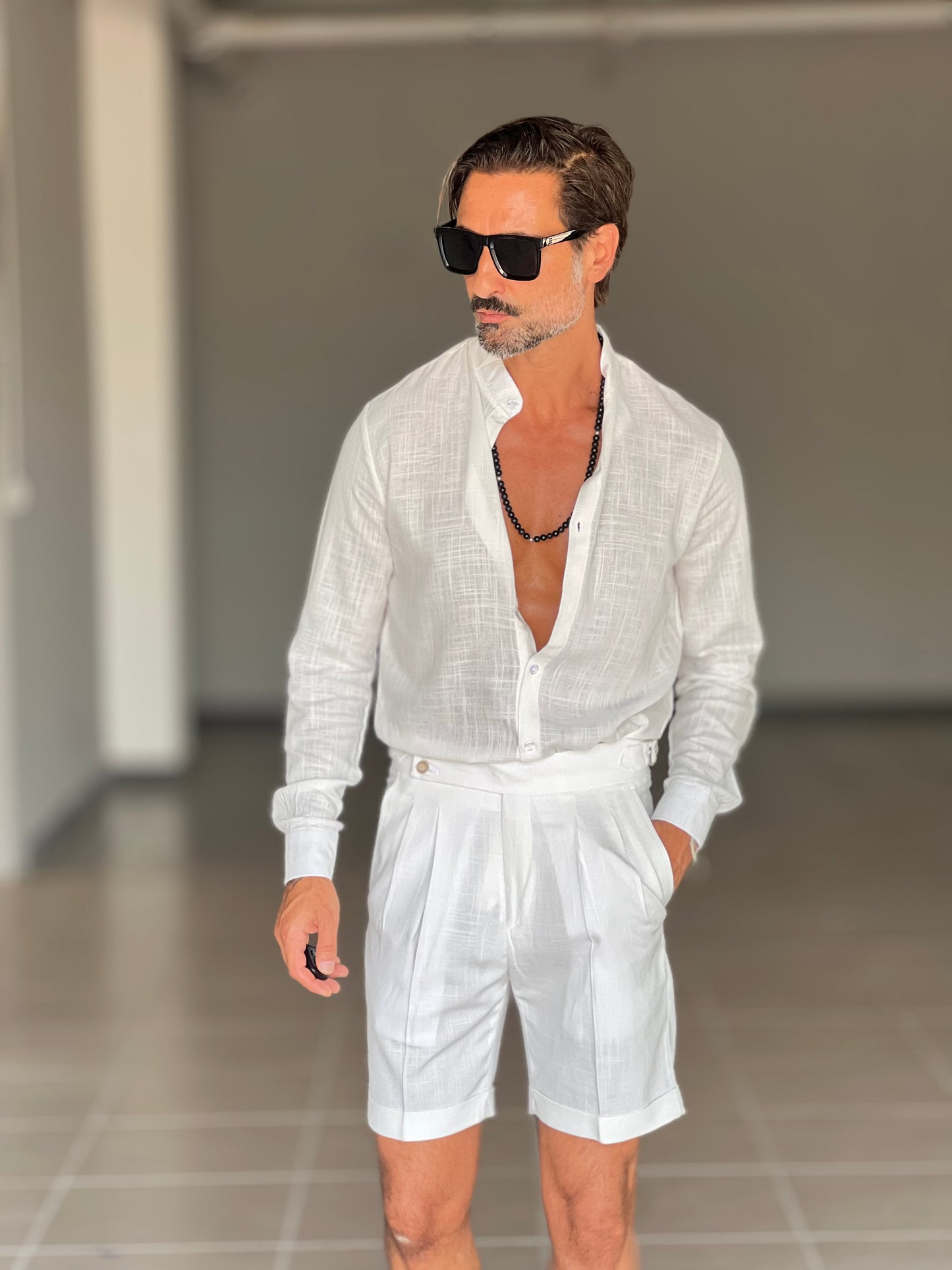 BERMUDA BIANCO LINO E VISCOSA VITA ALTA