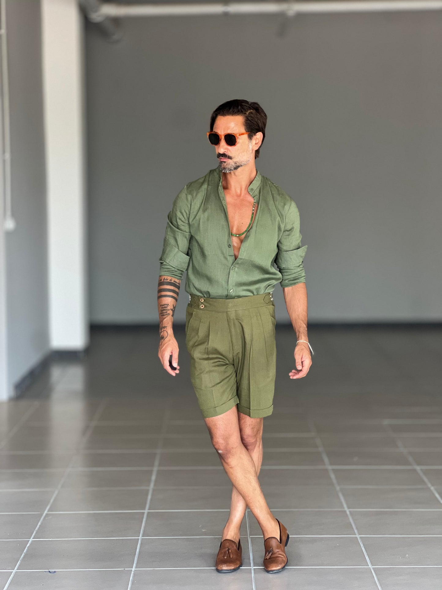 BERMUDA VERDE LINO E VISCOSA VITA ALTA