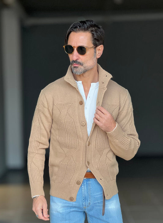 CARDIGAN CAMMELLO OPERATO COLLO IN PIEDI