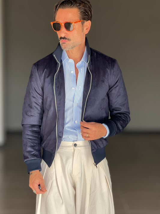 BOMBER ECOSUED BLU COLLO IN MAGLIA