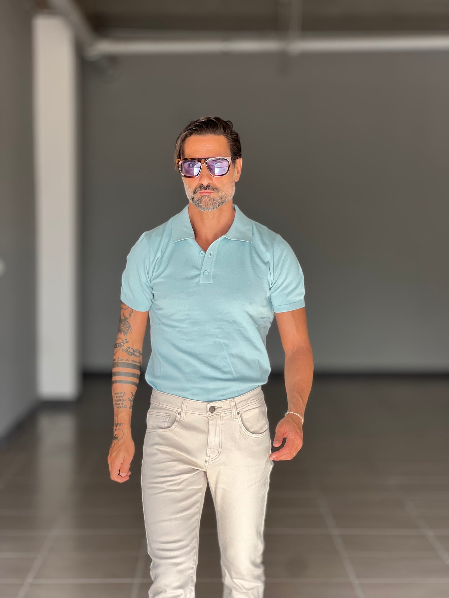 POLO CELESTE MARE FIAMMATA COLLO 3 BOTTONI