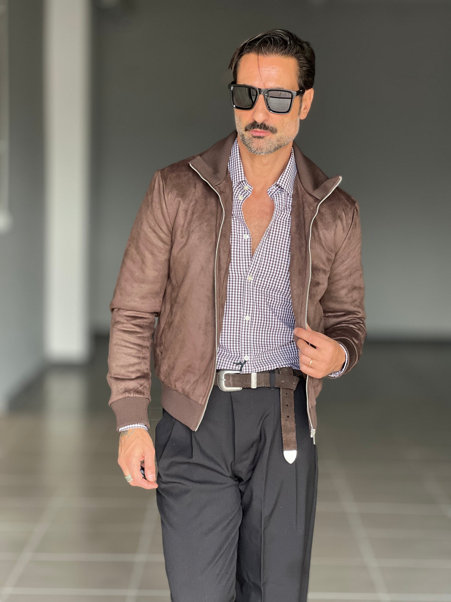 BOMBER ECOSUED MORO COLLO IN MAGLIA