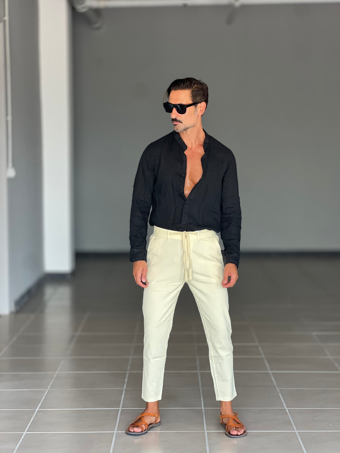 CAMICIA LINO GARZATO NERA COREANA