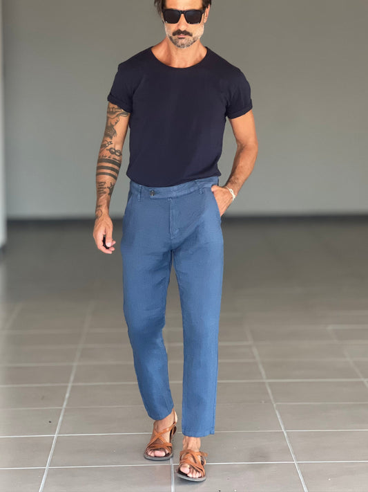 PANTALONE ESTIVO BLU LINO GARZATO