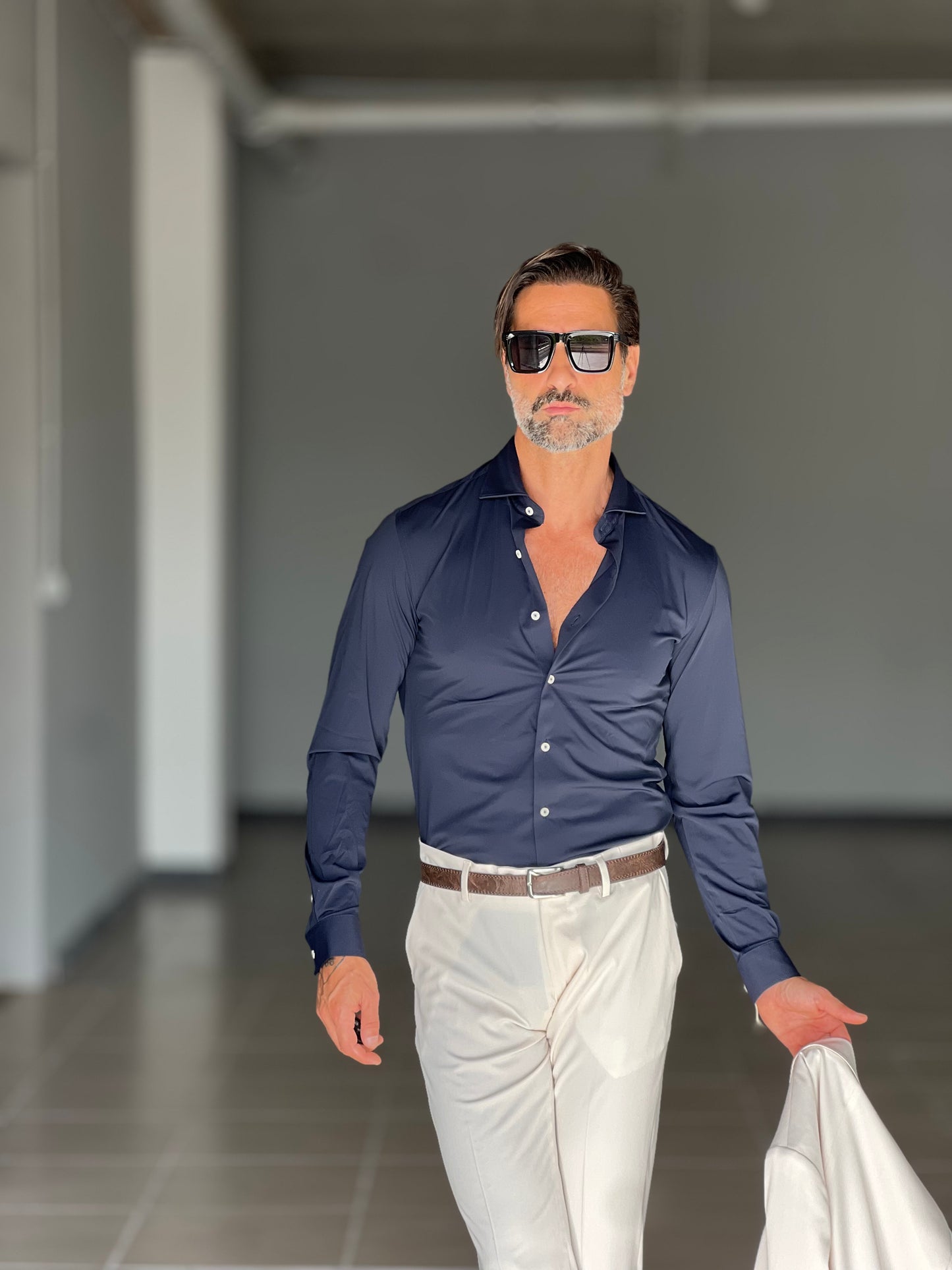 CAMICIA BLU COTONE COLLO ITALIANO MAGLINA