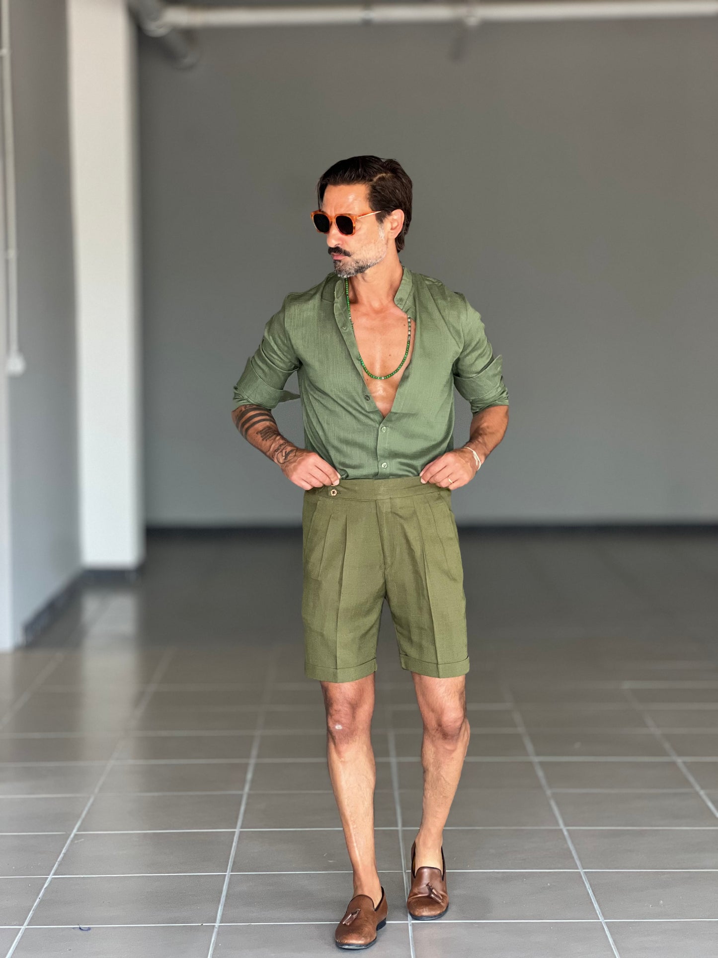 BERMUDA VERDE LINO E VISCOSA VITA ALTA