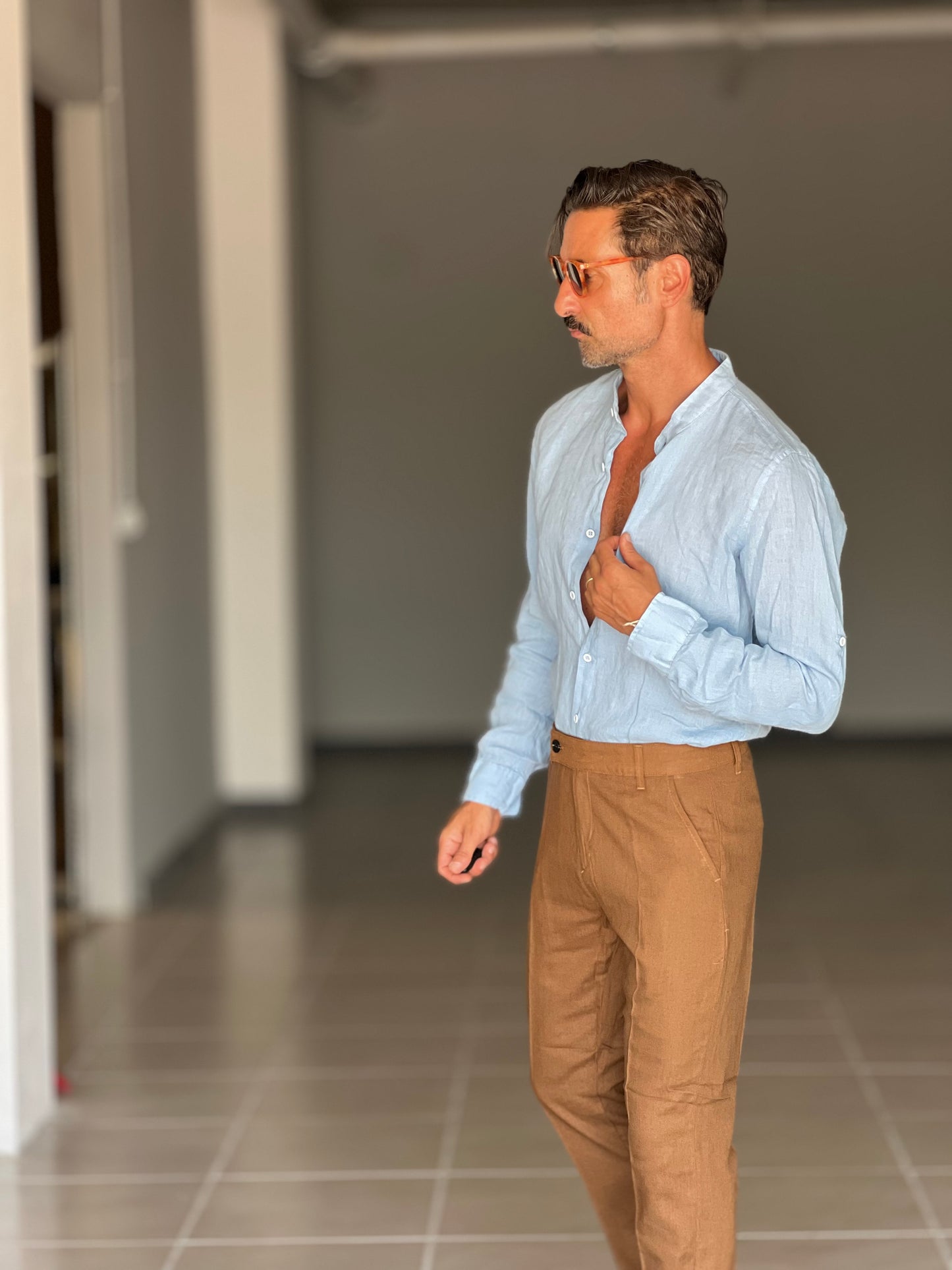 CAMICIA LINO GARZATO CELESTE COREANA