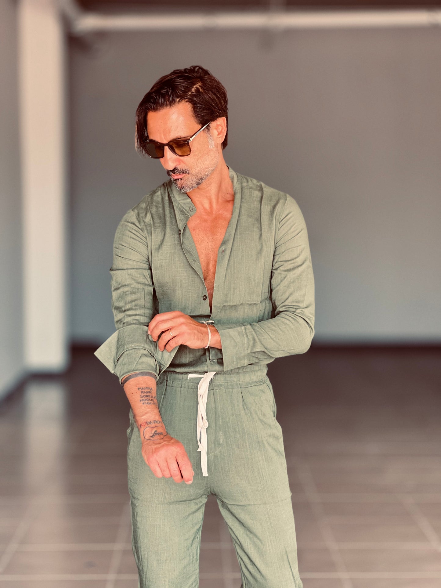 CAMICIA VERDE COREANA MISTO LINO