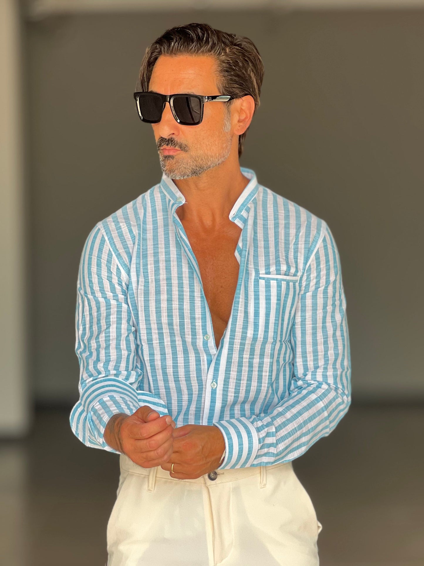 CAMICIA LINO BIANCA E CELESTE BACCHETTA
