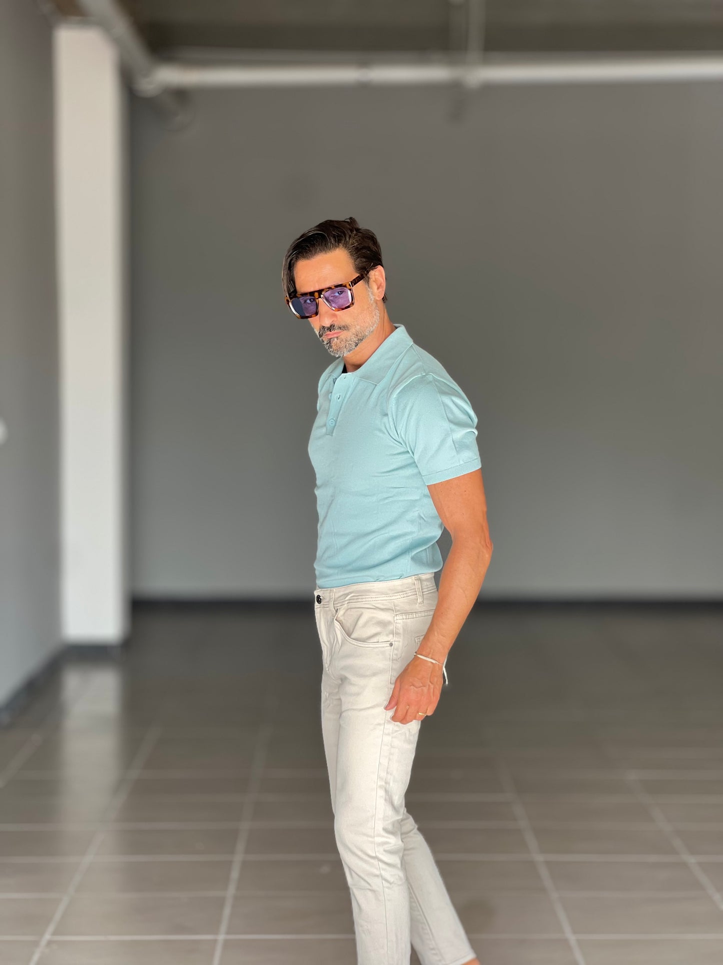 POLO CELESTE MARE FIAMMATA COLLO 3 BOTTONI