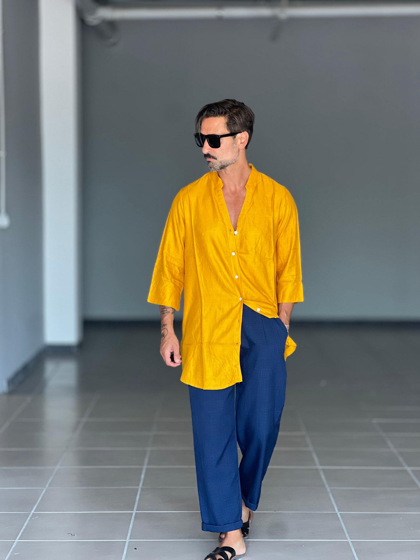 CAMICIA OCRA VISCOSA E LINO UNISEX TAGLIA UNICA OVER