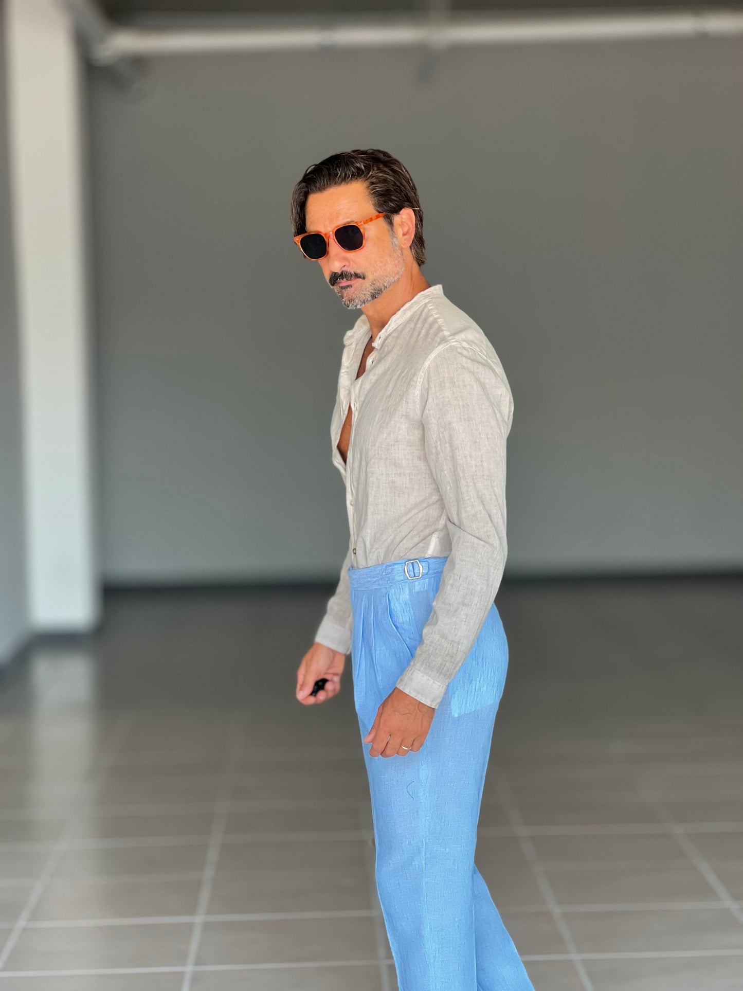 PANTALONE CELESTE VITA ALTA LINO E MISTI
