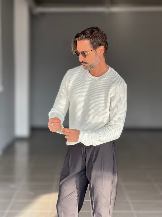 BLUE THREAD COTTON CREW NECK SWEATER