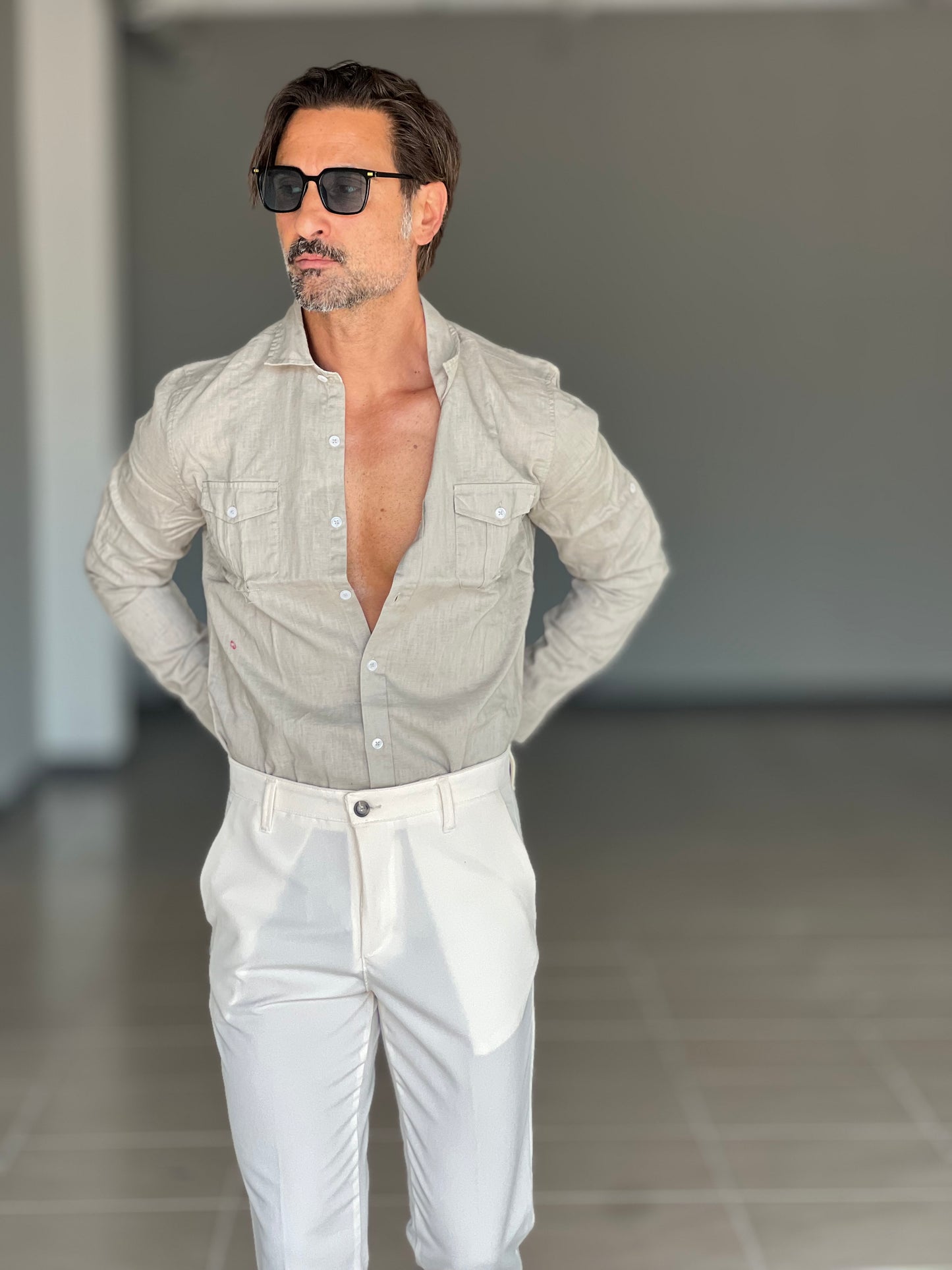 CAMICIA TEXANA MASTICE MISTO LINO