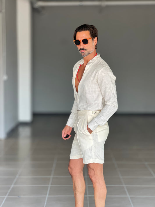 BERMUDA CREMA LINO E VISCOSA VITA ALTA