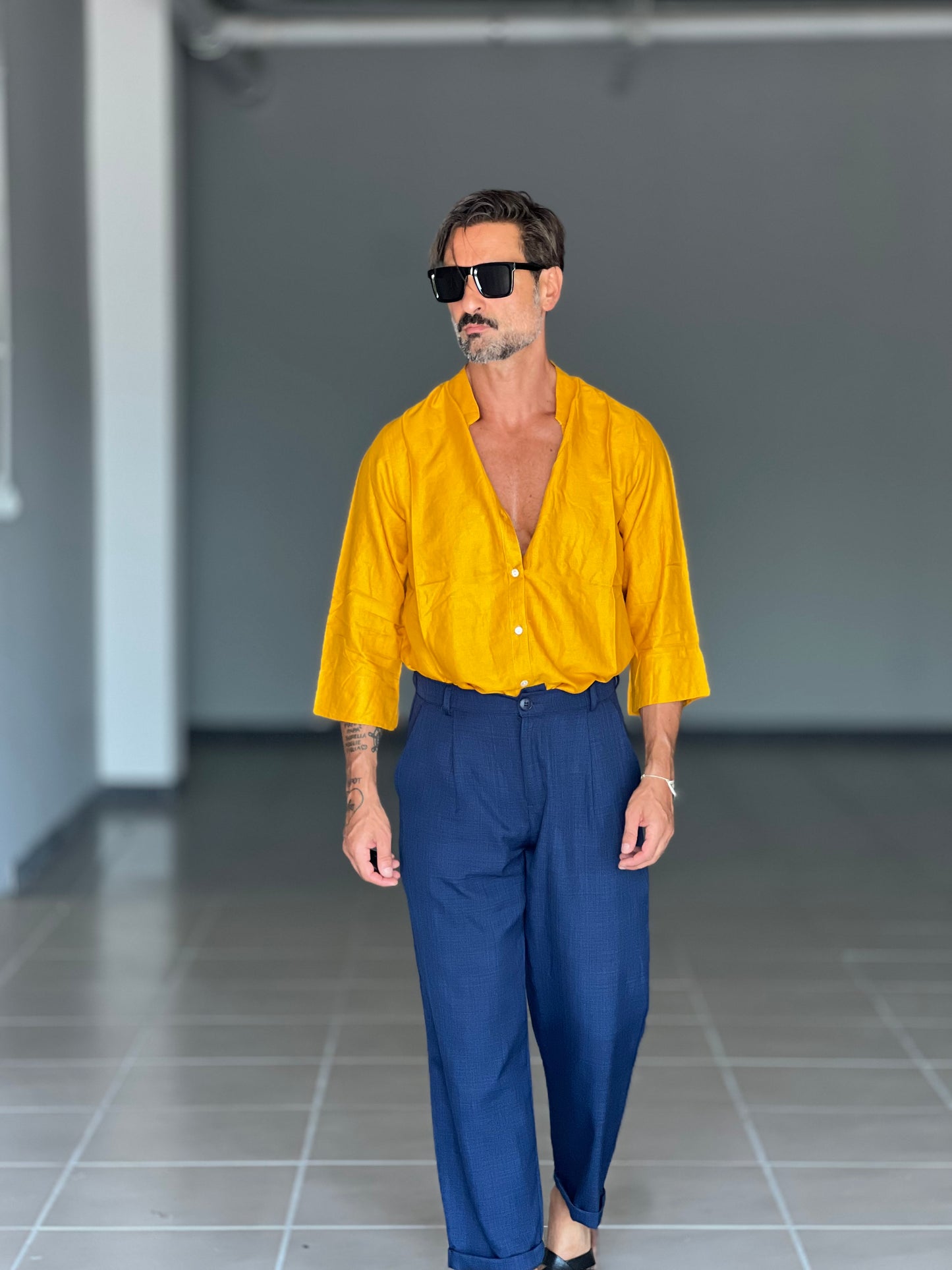 CAMICIA OCRA VISCOSA E LINO UNISEX TAGLIA UNICA OVER