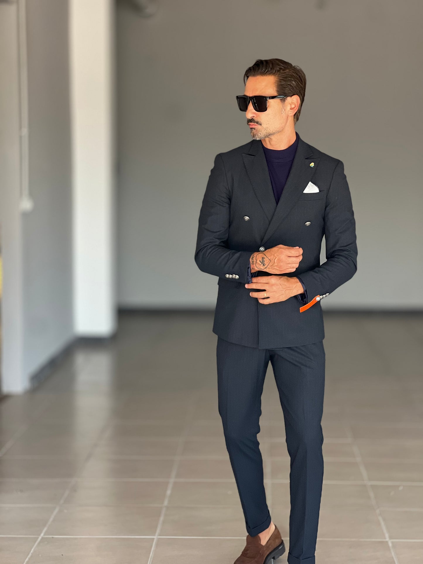 ABITO FIAMMATO BLU NOTTE DOPPIOPETTO BOTTONE METALLO VISCOSA E MISTI