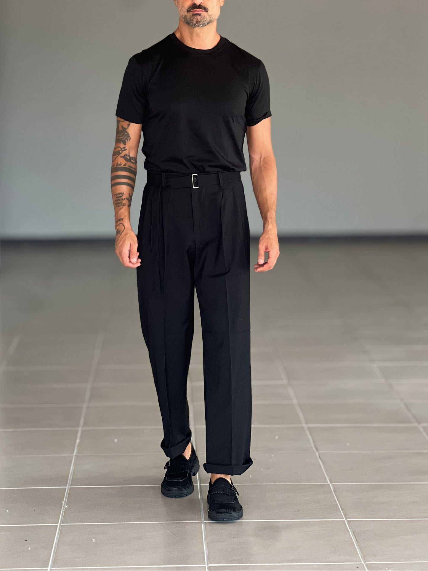 PANTALONE FONDO AMPIO NERO CINTURA VISCOSA E MISTI