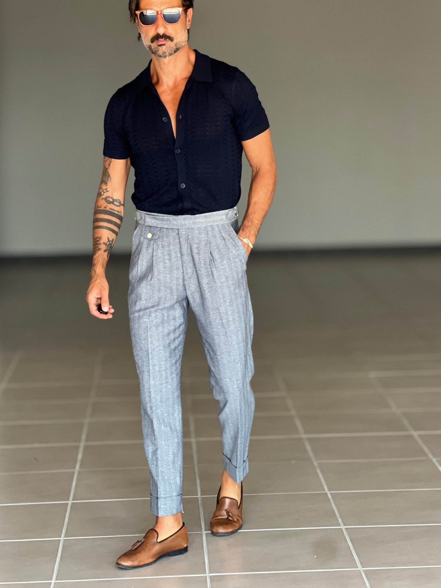 PANTALONE SPINATO BLU VITA ALTA LINO E MISTI