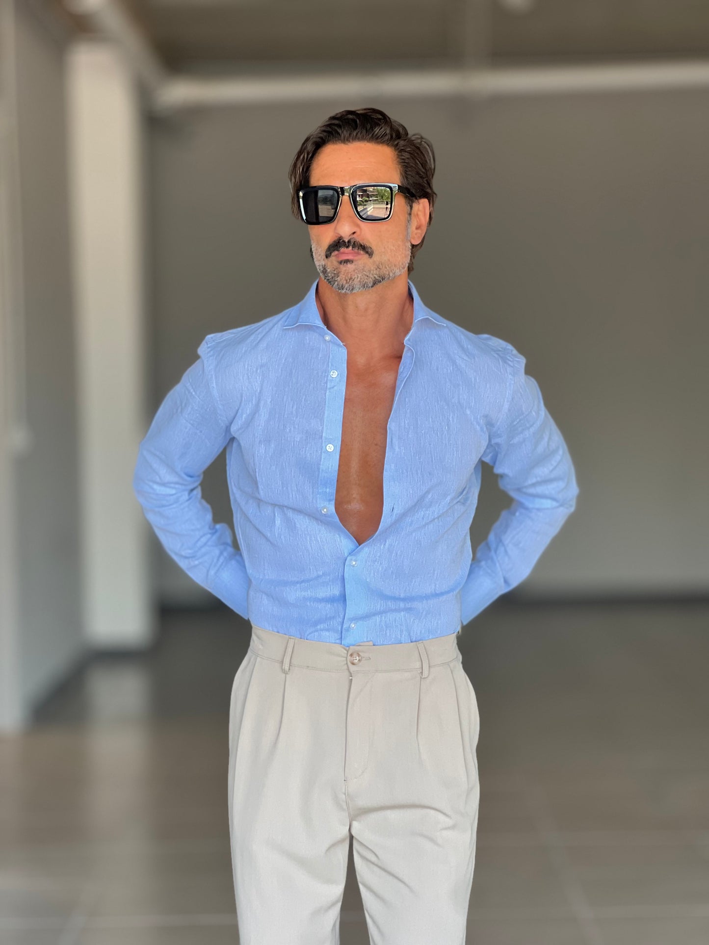 CAMICIA CELESTE CHIARO 100%LINO