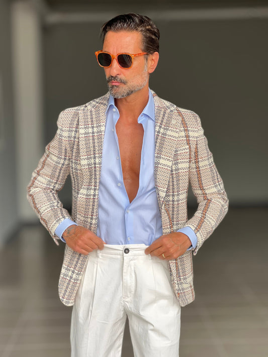 GIACCA XAGON TARTAN GRANDE BEIGE LAVORAZIONE OPERATA