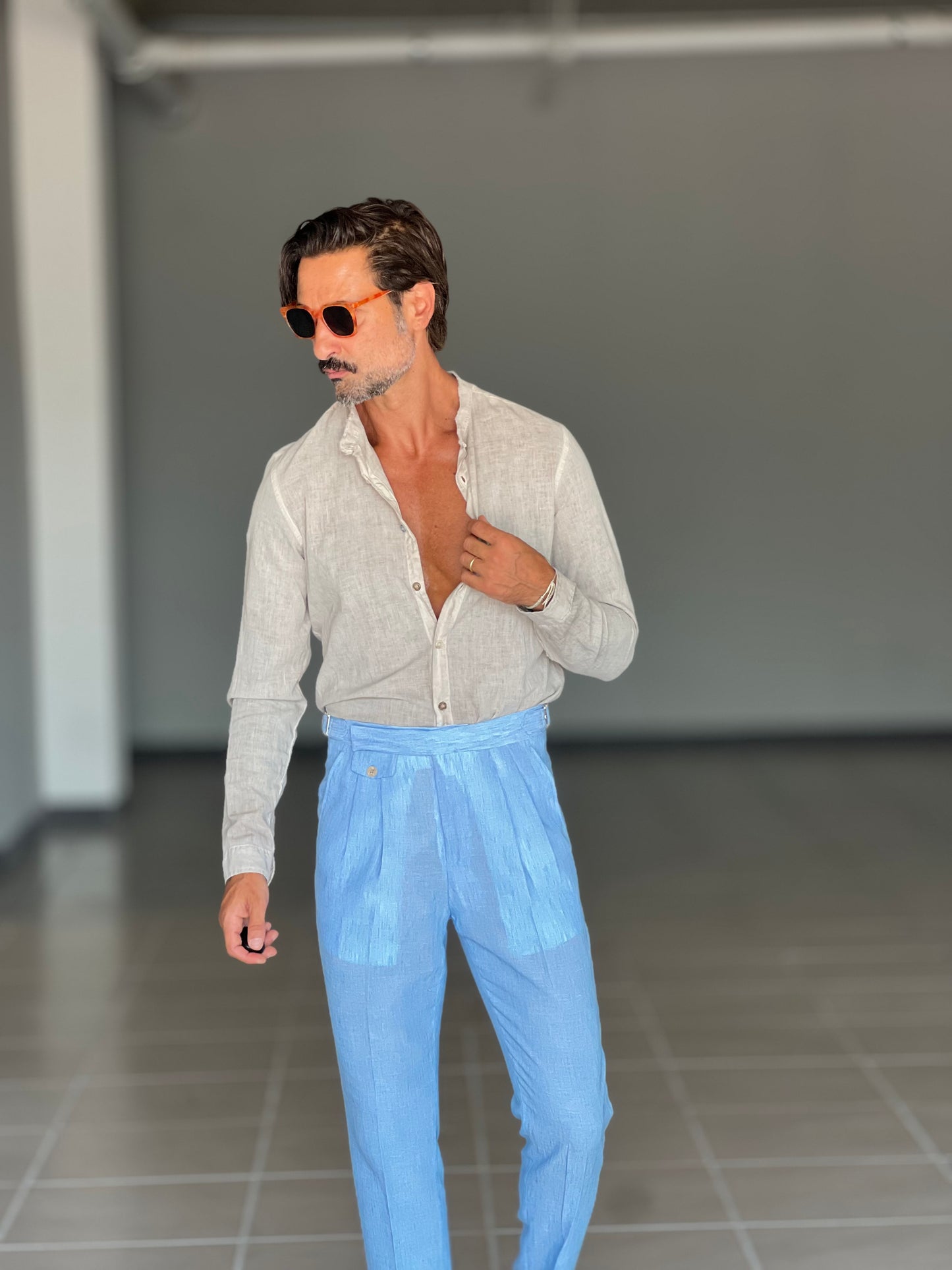 PANTALONE CELESTE VITA ALTA LINO E MISTI