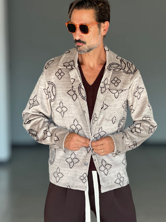 FILL JACKET MAGLIA E TESSUTO BEIGE RICAMO NERO