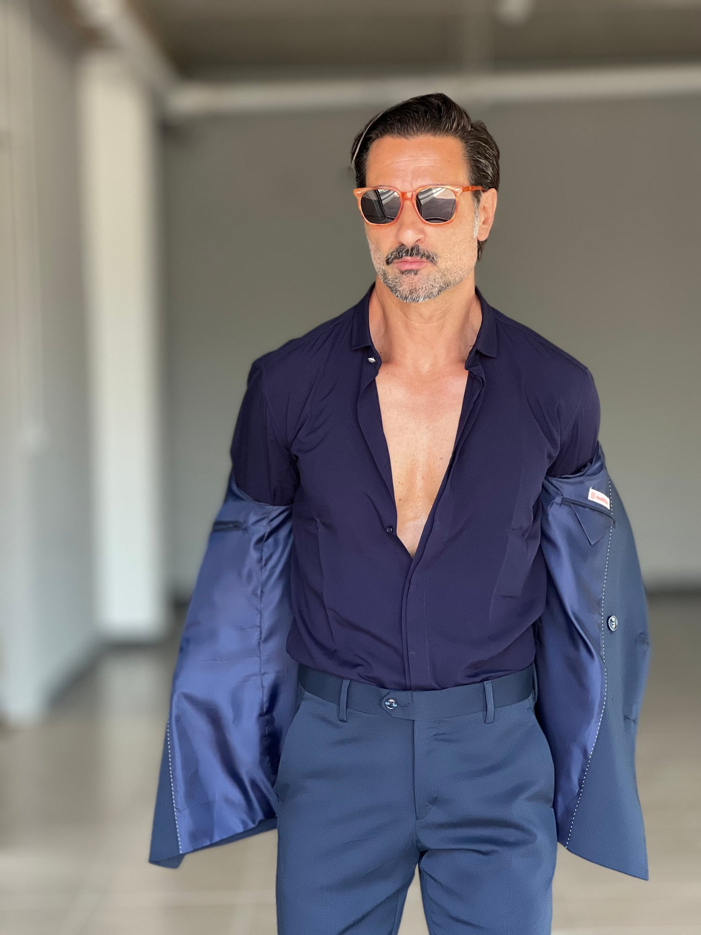 CAMICIA VISCOSA BLU BOTTONE METALLO