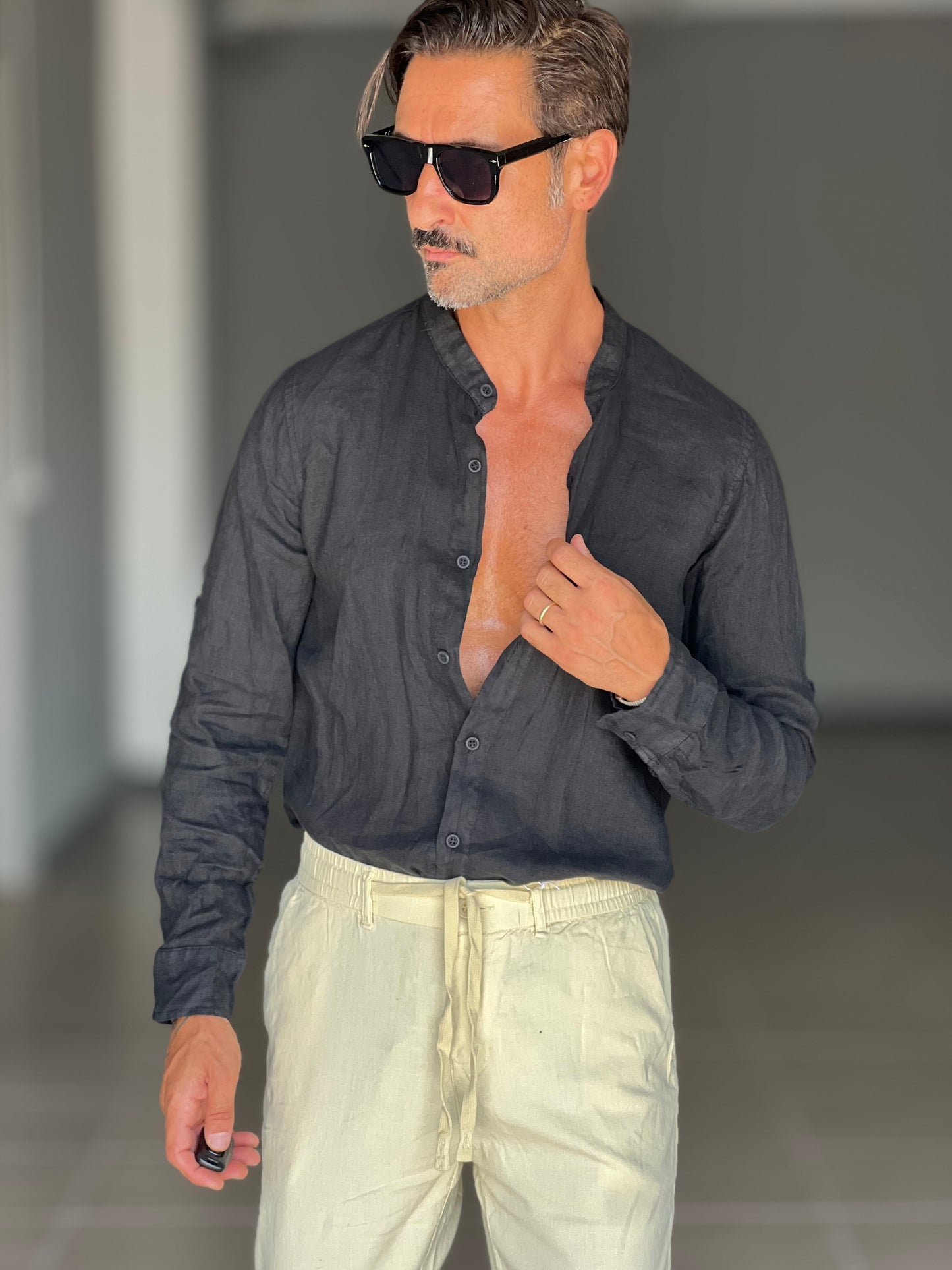 CAMICIA LINO GARZATO NERA COREANA