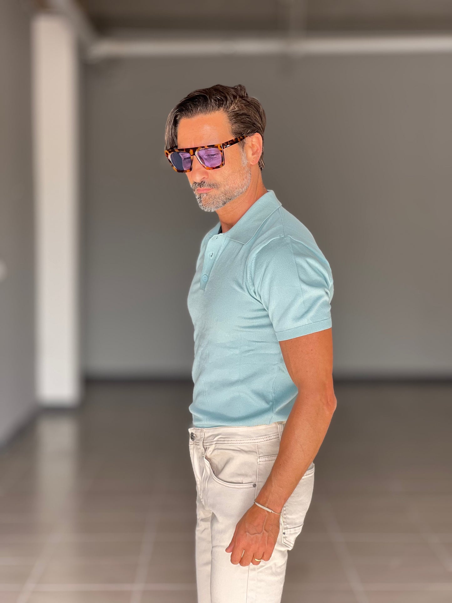 POLO CELESTE MARE FIAMMATA COLLO 3 BOTTONI