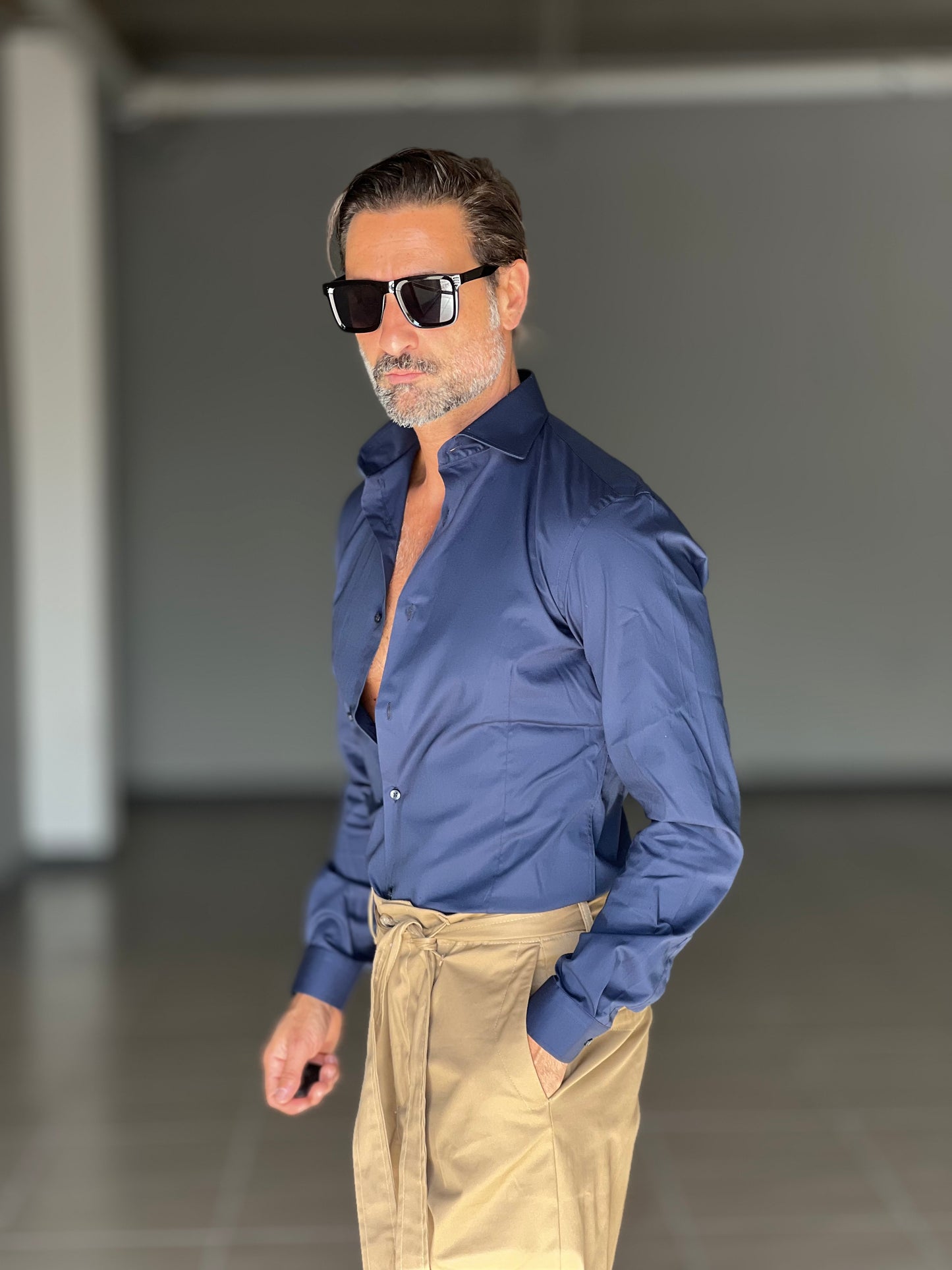 CAMICIA BLU COTONE COLLO ITALIANO STRECH