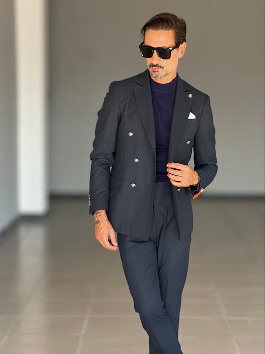 ABITO FIAMMATO BLU NOTTE DOPPIOPETTO BOTTONE METALLO VISCOSA E MISTI