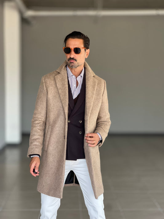 CAPPOTTO CAMMELLO LAVORAZIONE ALPACA TESSUTO LANA E MISTI ALTATENSIONE