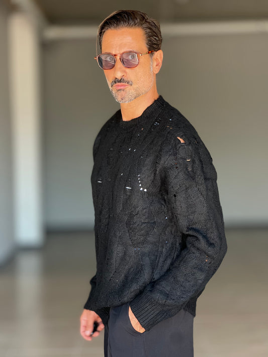 BLUE THREAD COTTON CREW NECK SWEATER