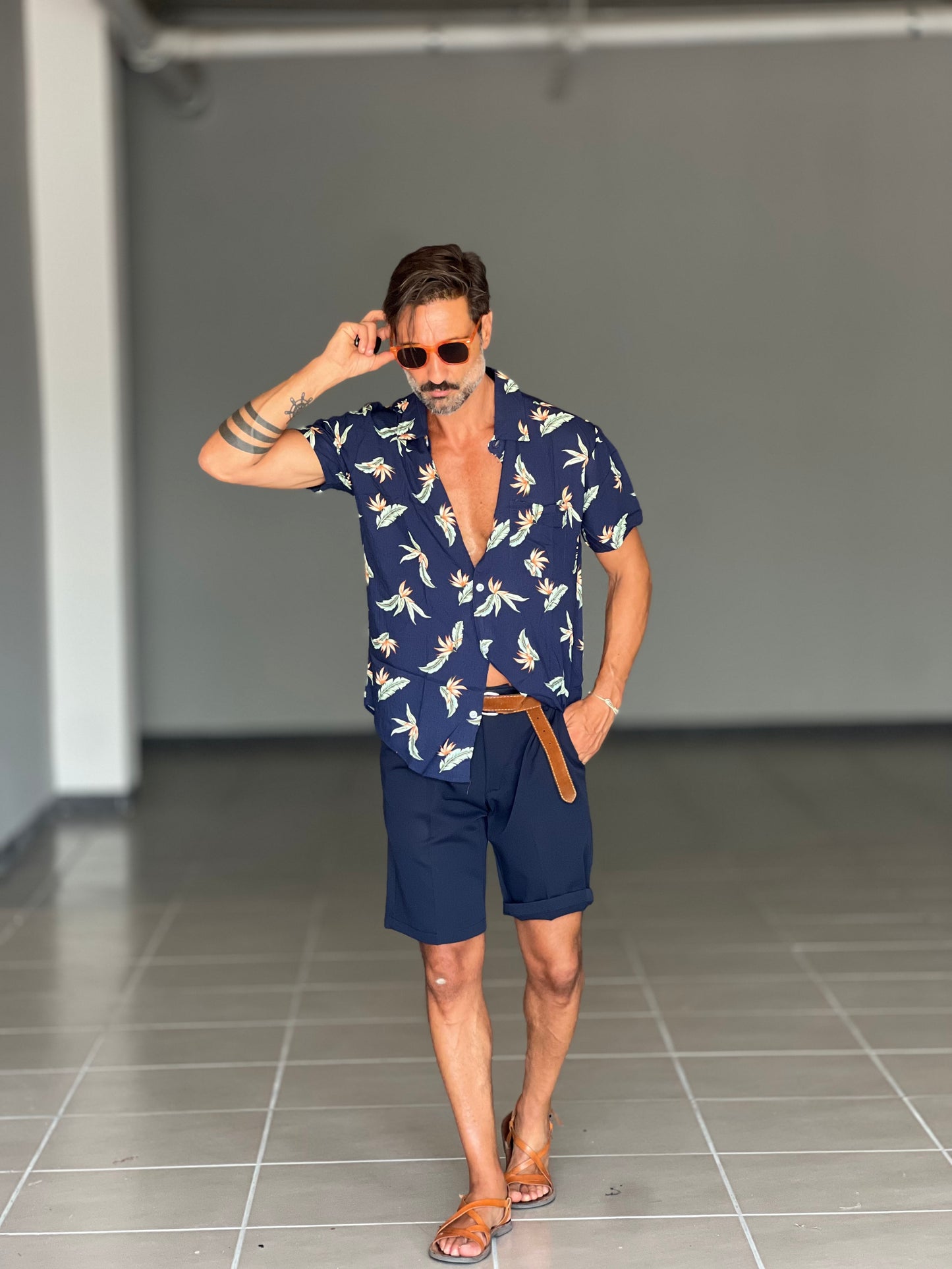CAMICIA FIORE FONDO BLU MEZZA MANICA VISCOSA