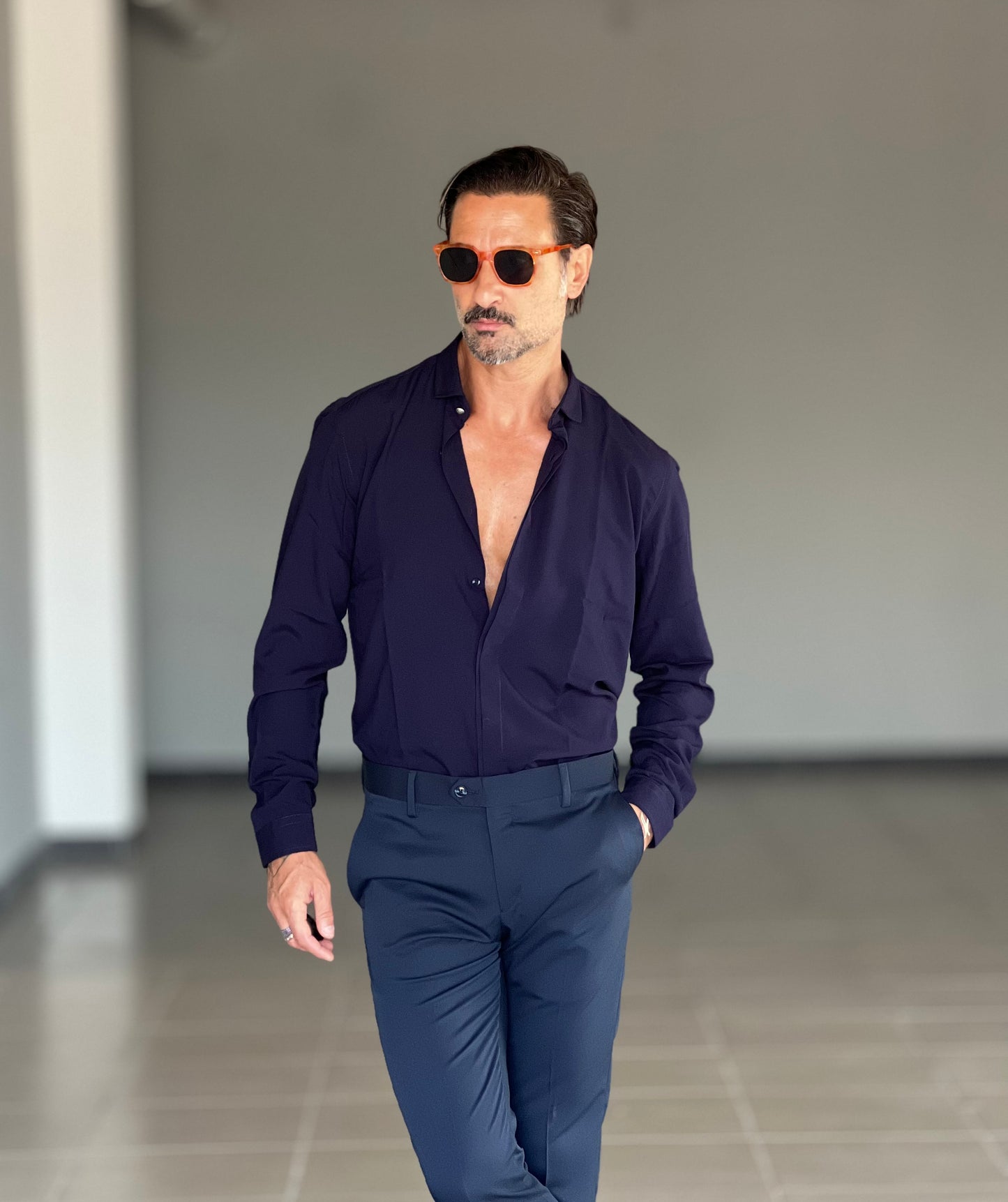 CAMICIA VISCOSA BLU BOTTONE METALLO