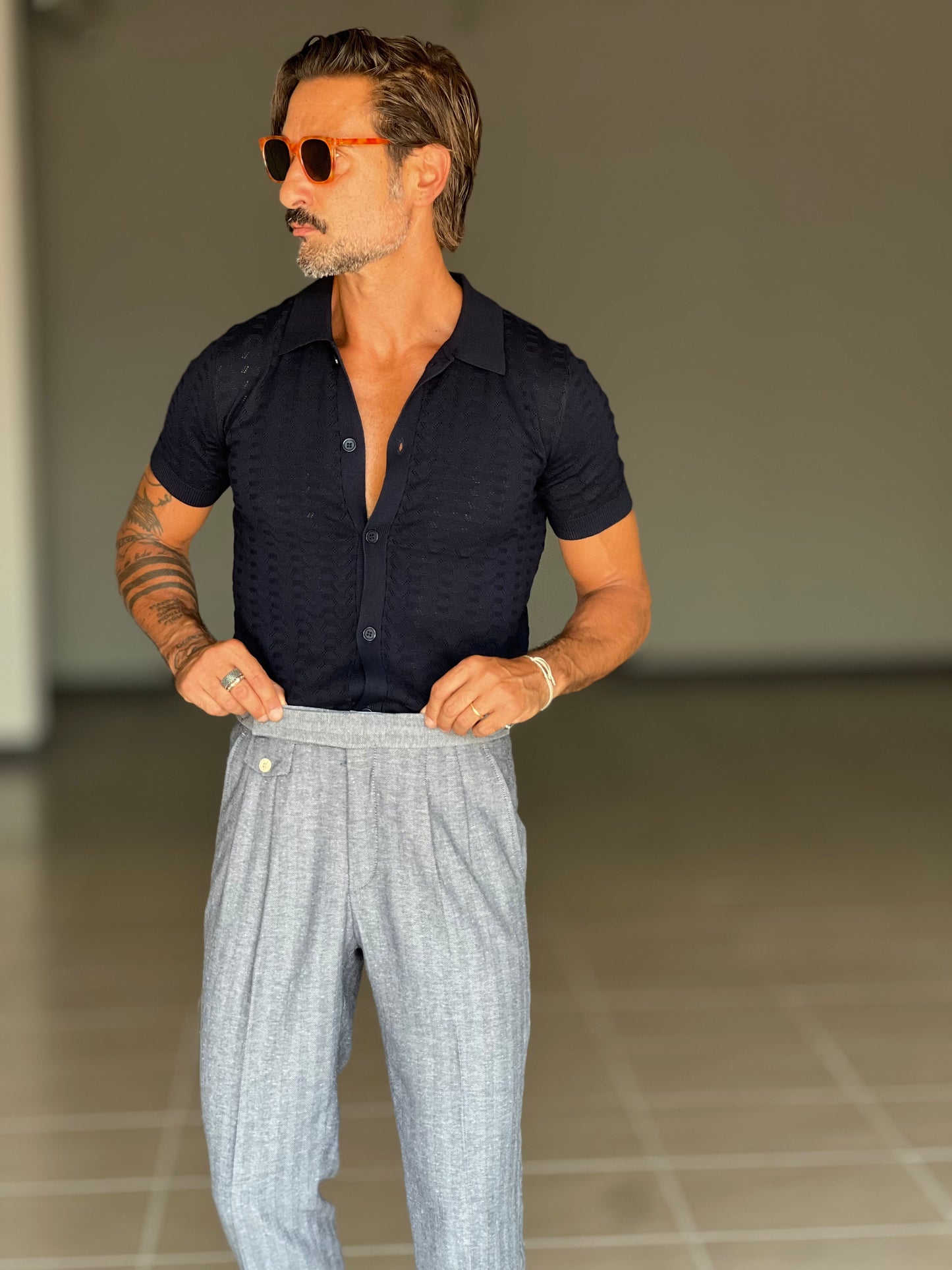 PANTALONE SPINATO BLU VITA ALTA LINO E MISTI