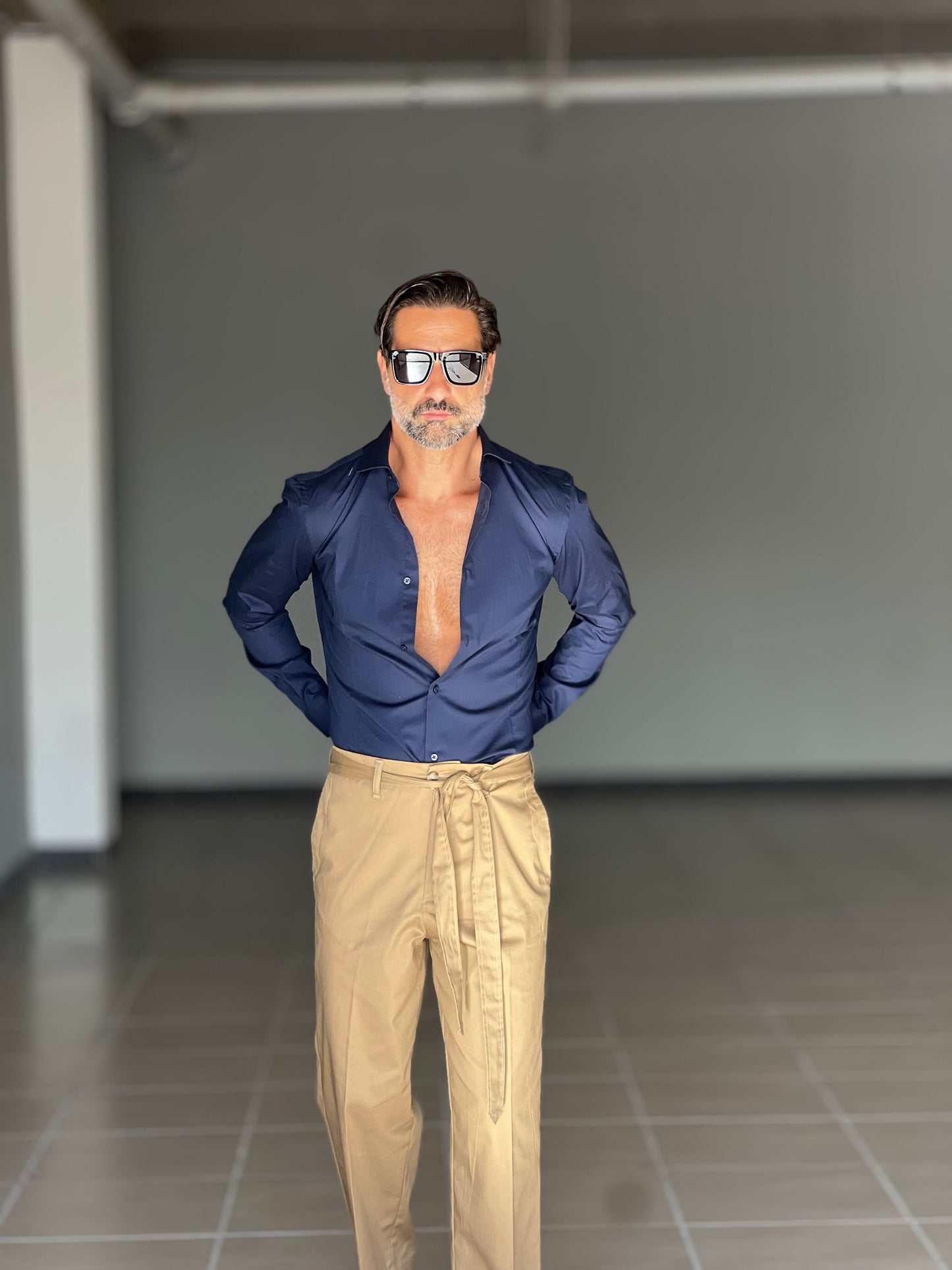 CAMICIA BLU COTONE COLLO ITALIANO STRECH