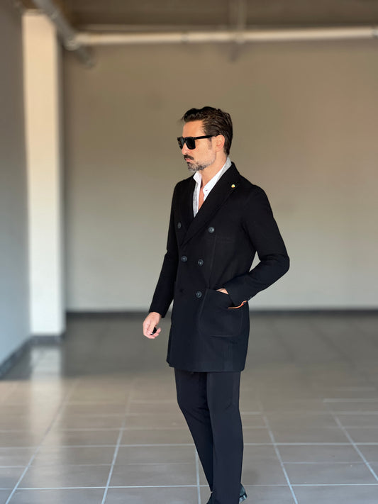 CAPPOTTO NERO DOPPIOPETTO LAVORAZIONE DIAGONALE
