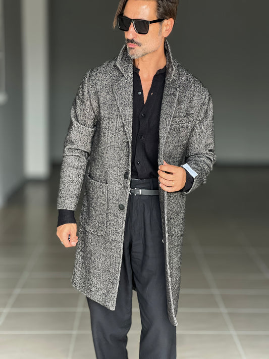 CAPPOTTO MORO SPIGATO TWEED LAVORAZIONE ALPACA TESSUTO LANA E MISTI ALTATENSIONE