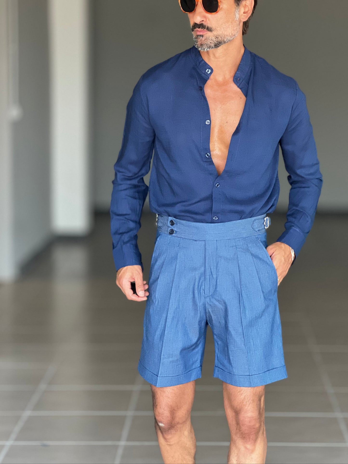 BERMUDA DENIM COTONE E VISCOSA VITA ALTA