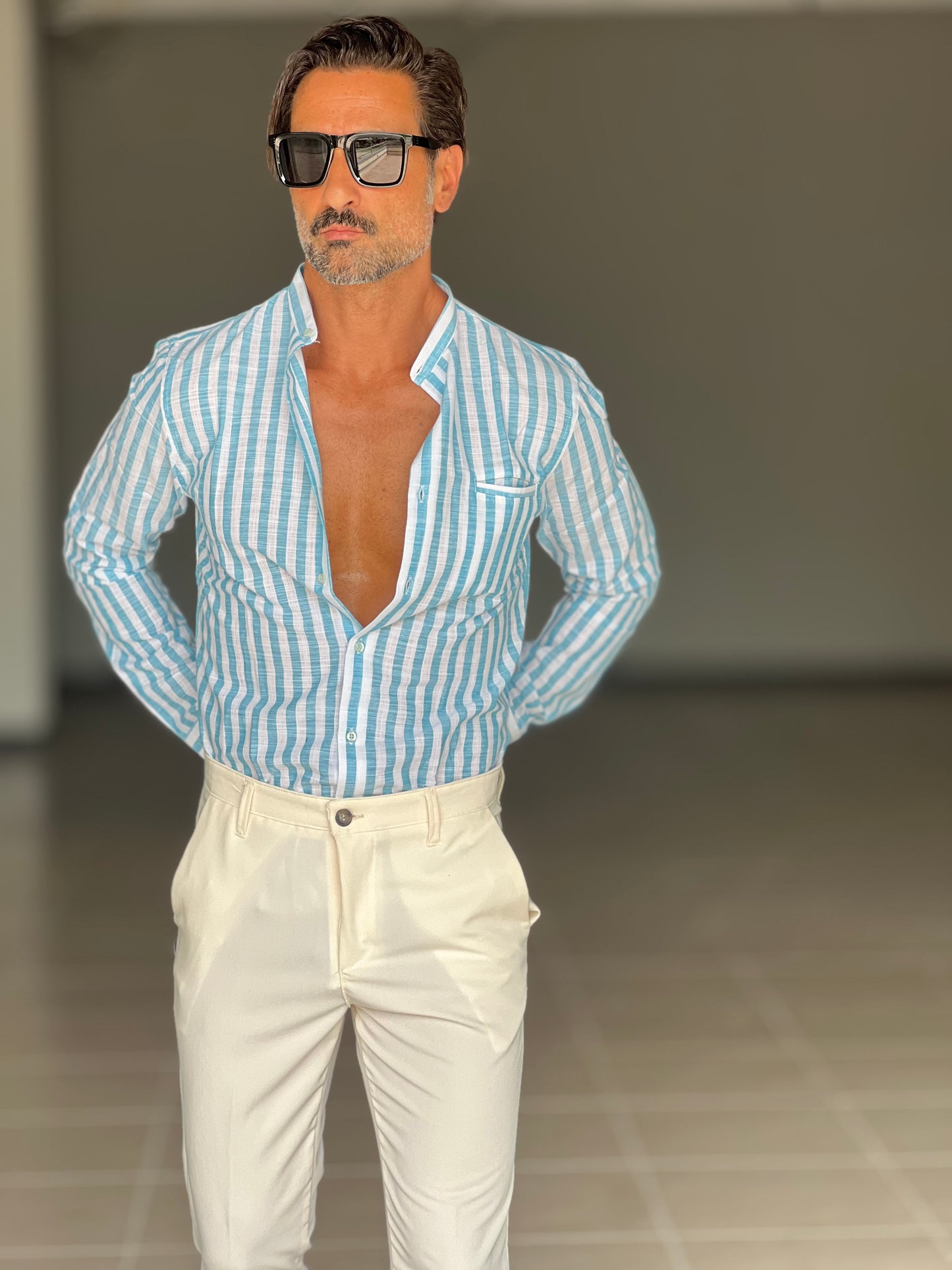 CAMICIA LINO BIANCA E CELESTE BACCHETTA