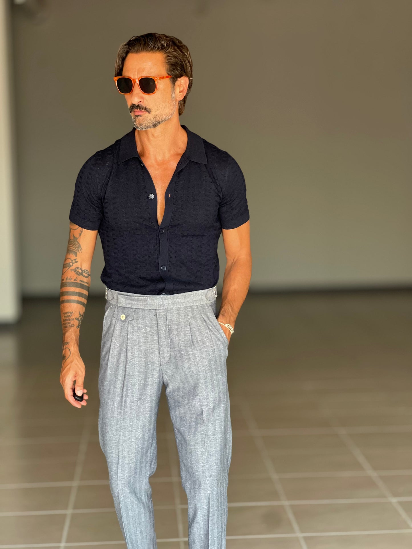 PANTALONE SPINATO BLU VITA ALTA LINO E MISTI