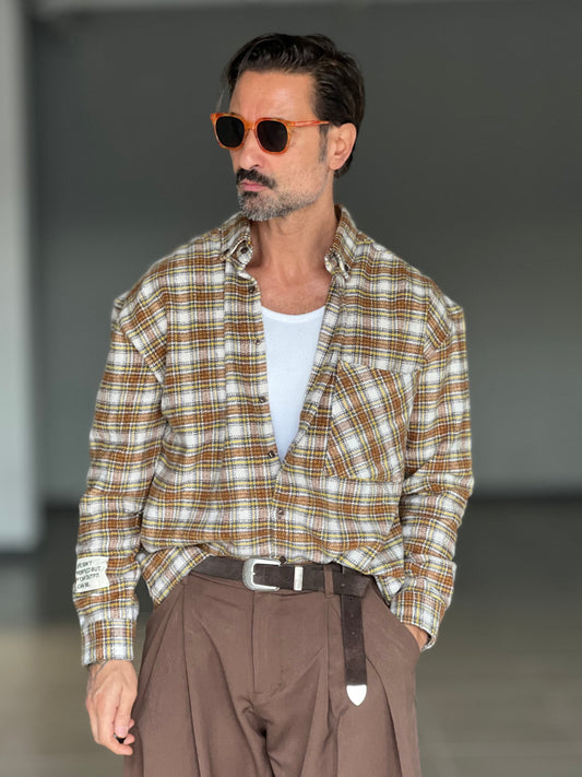 CAMICIA FLANELLA TARTAN CAMMELLO E PANNA