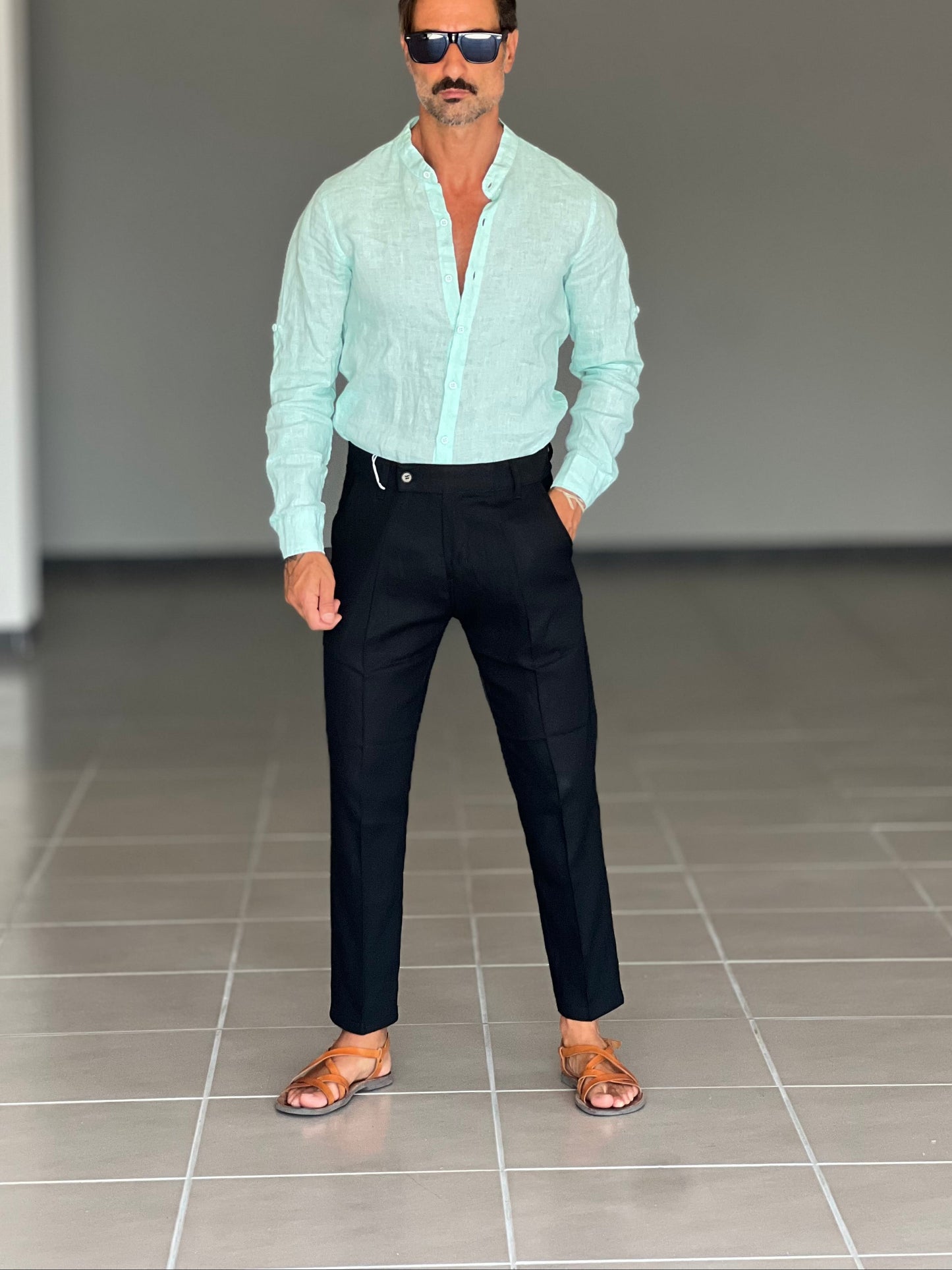PANTALONE ESTIVO NERO MISTO LINO RASATO