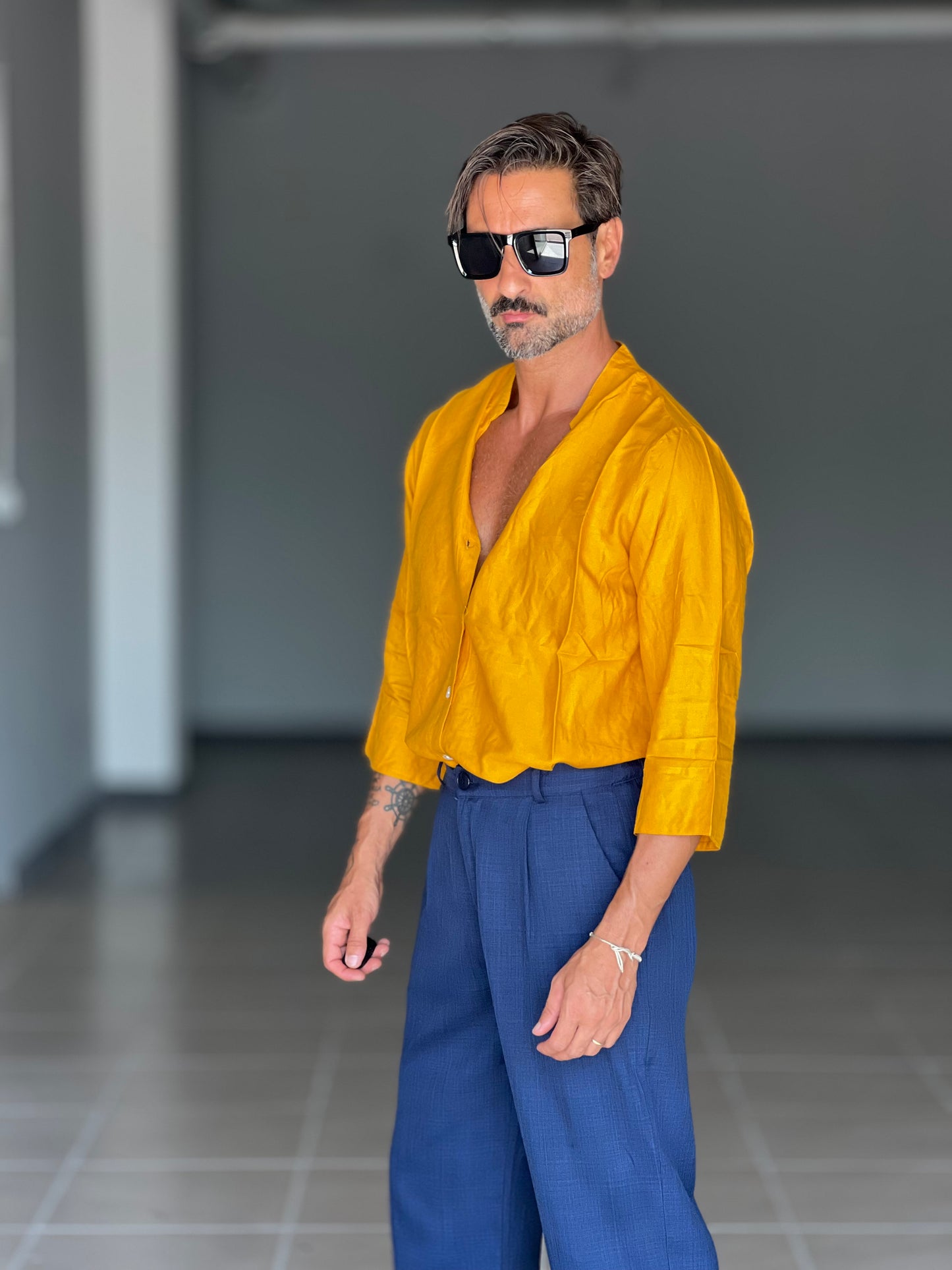 CAMICIA OCRA VISCOSA E LINO UNISEX TAGLIA UNICA OVER