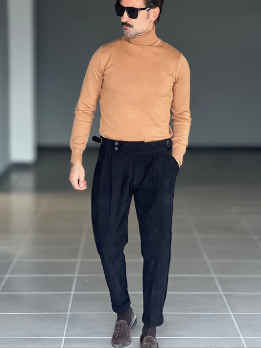 PANTALONE VELLUTO NERO PINCES VITA ALTA